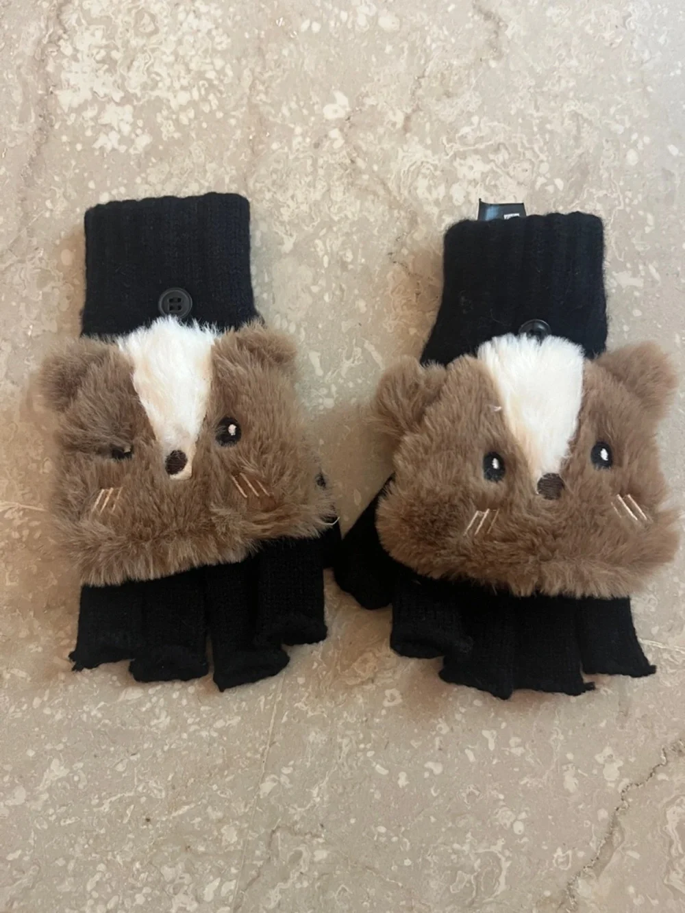 Zara Black Fingerless Convertible Mittens with Brown Plush Animal Faces